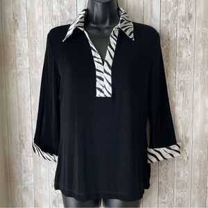 Kiara Collared Blouse Black White Zebra Print Trim Stretch 90s Y2K Size M